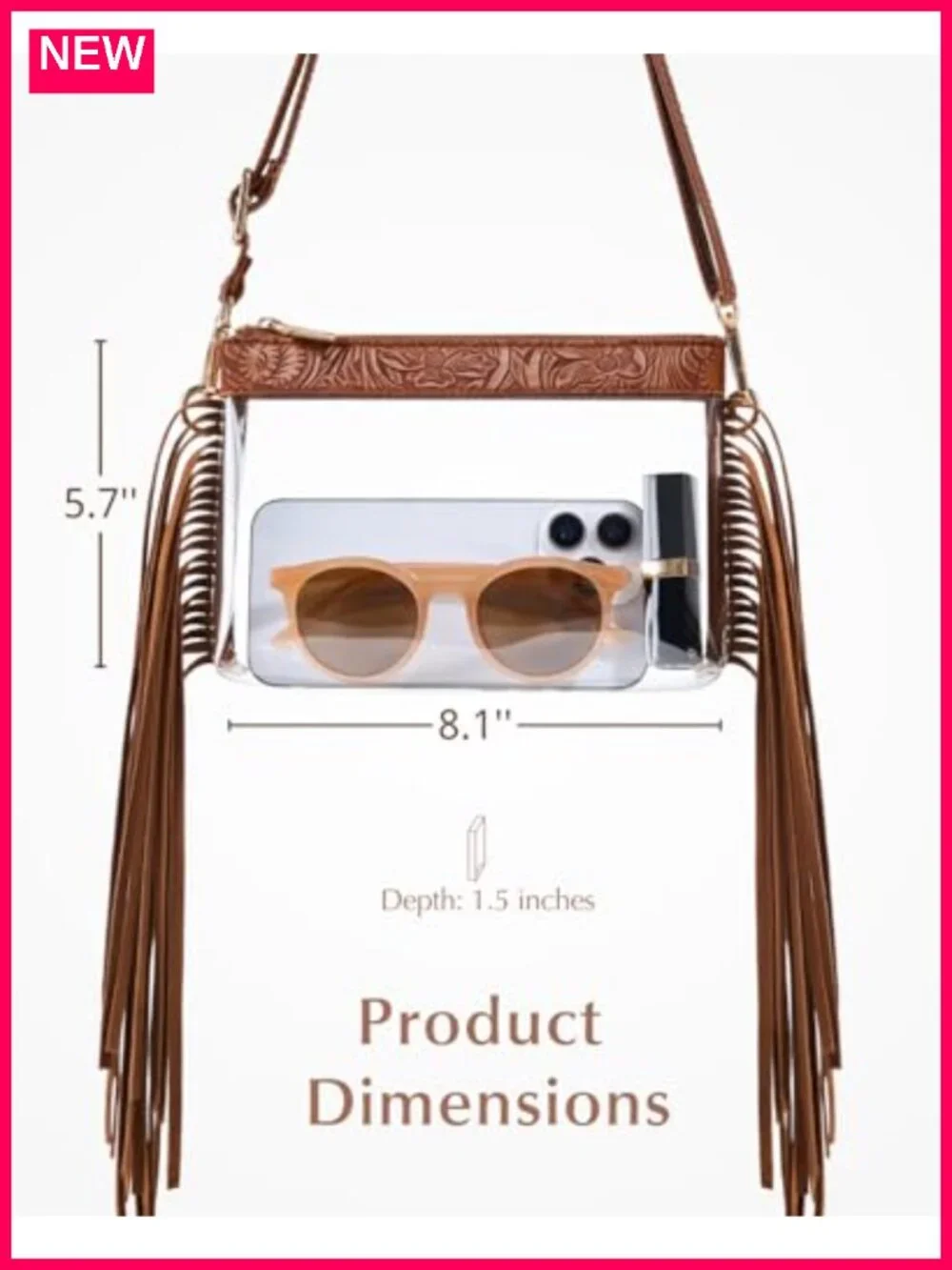 Clear Stadium Approved Crossbody Bag with Faux Leather Trim and Fringe